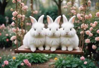 Three fluffy white rabbits sitting on a swing in a garden