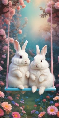Two fluffy rabbits enjoying a swing in a pink garden