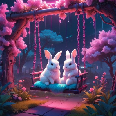 Two rabbits sit together on a swing at dusk