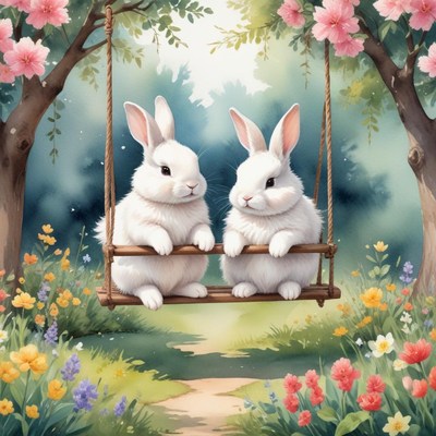 Two rabbits sitting on a swing in a flower garden