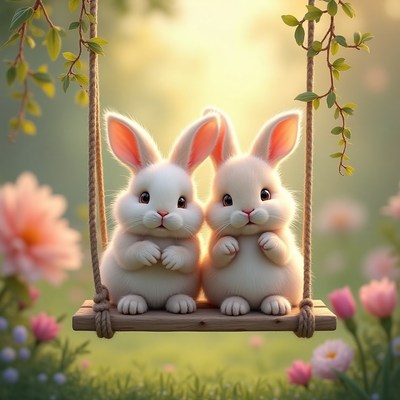 Cute rabbits sitting on a swing in a floral garden