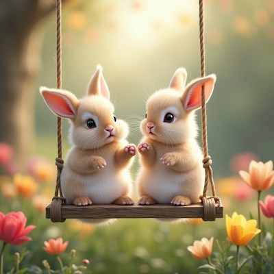 Bunnies on a swing in a flower-filled garden