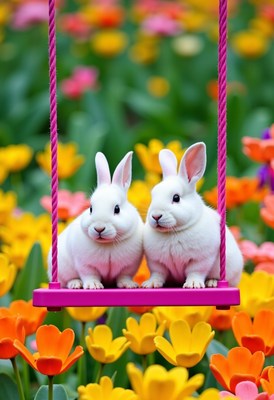 Rabbits on a swing surrounded by vibrant flowers