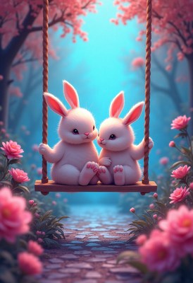 Sweet bunnies on a swing in a flower garden