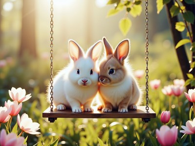 Rabbits enjoying a sunny afternoon on a swing