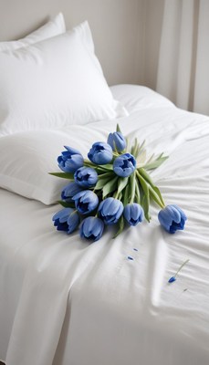 Fresh blue tulips arranged on a neatly made bed