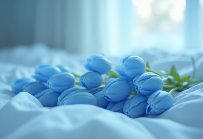 Bouquet of blue tulips arranged on a soft bed