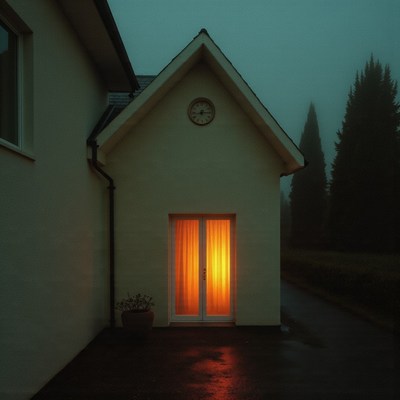 Bright light glowing from a cozy home at dusk