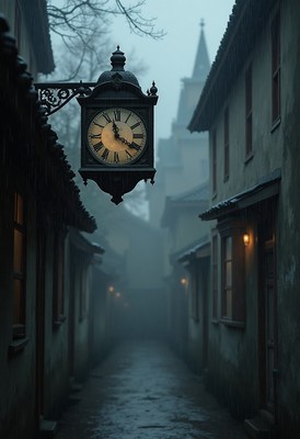 Mysterious clock in a foggy alleyway at dusk