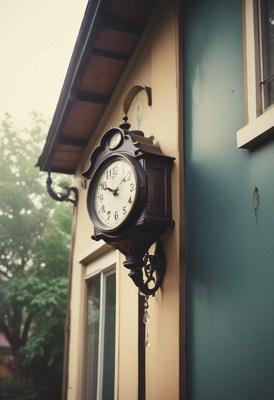 Old clock on a charming house exterior in the fog