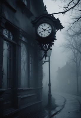 Foggy street with vintage clock on a gloomy evening