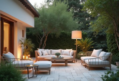 Cozy outdoor seating area with plants and soft lighting