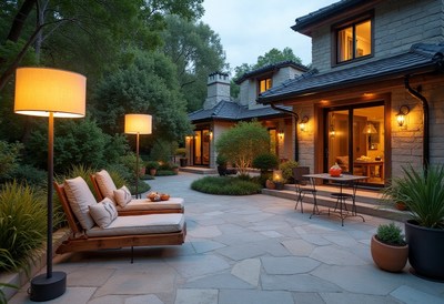 Cozy outdoor seating area in modern home at dusk