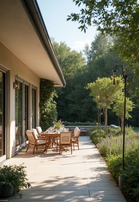Sunny outdoor dining area at a serene home garden