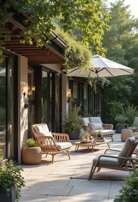 Relaxing outdoor patio in a serene garden setting