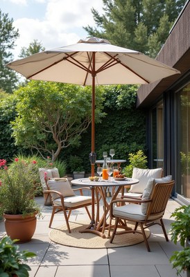 Sunny patio setup with drinks and comfortable seating
