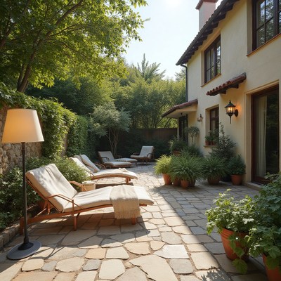 Relaxing garden area with lounge chairs and greenery