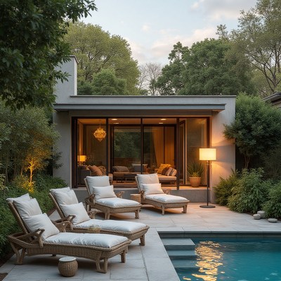 Relaxing evening by the poolside in a modern garden