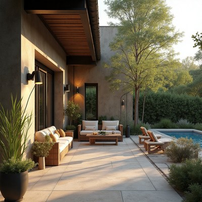 Cozy outdoor patio with modern furnishings and poolside view
