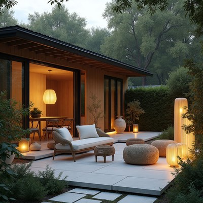 Cozy outdoor seating area at twilight in a modern home