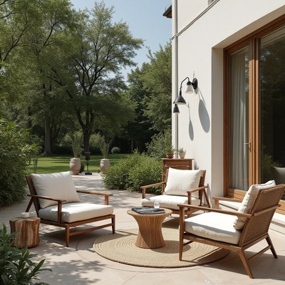 Cozy outdoor seating area in a sunny garden