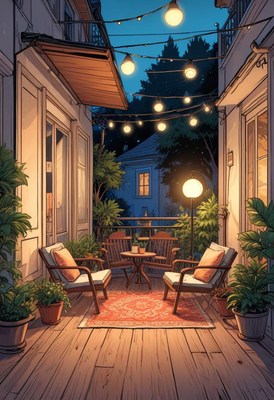 Cozy balcony with string lights and plants at night