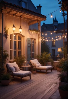 Cozy terrace with string lights at dusk