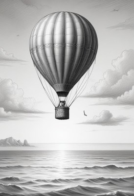 Hot air balloon floating over ocean and mountains at sunset