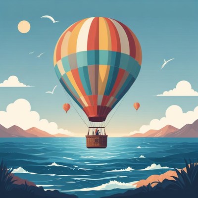 Colorful hot air balloon soaring above the ocean