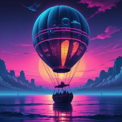 Hot air balloon sailing over a colorful sunset landscape