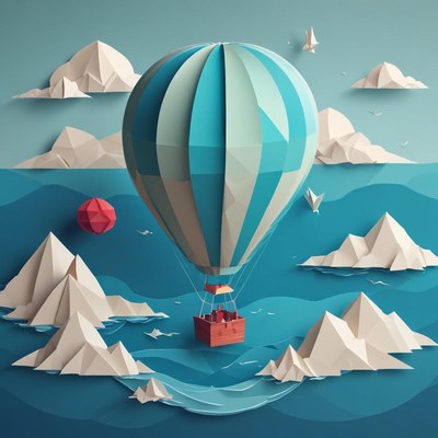 Vibrant hot air balloon above ocean scenery