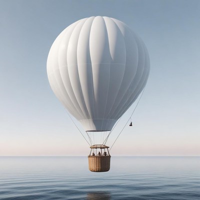 Hot air balloon floating over tranquil water at dawn