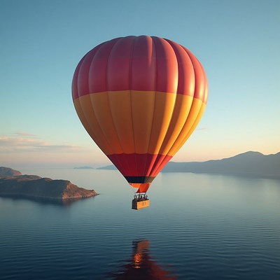 Hot air balloon over serene lake at sunrise