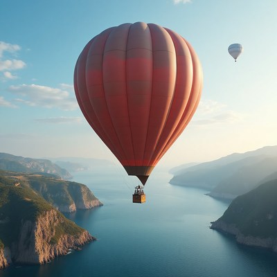 Hot air balloons soaring over a scenic bay
