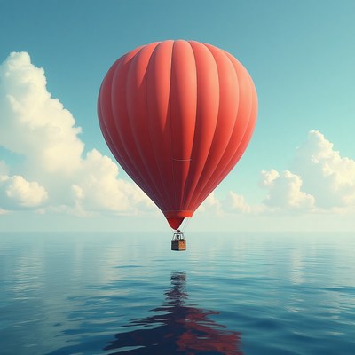 Hot air balloon floats over calm water on a clear day
