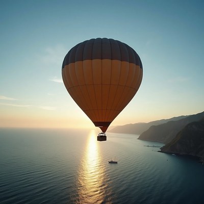 Hot air balloon floats over ocean at sunset