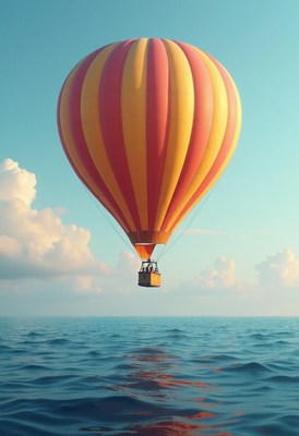 Hot air balloon soaring over tranquil waters at sunrise