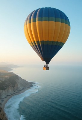 Colorful hot air balloon over scenic coastline