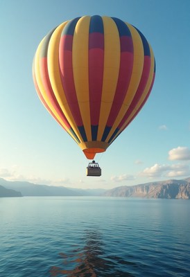 Colorful hot air balloon soaring over tranquil water