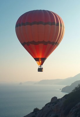 Hot air balloon floating over tranquil waters at sunrise