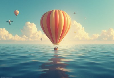 Hot air balloon floating over calm water at sunset