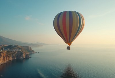 Colorful hot air balloon floating over serene ocean view