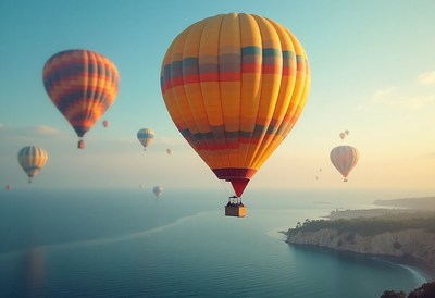 Balloons over calm waters at sunset