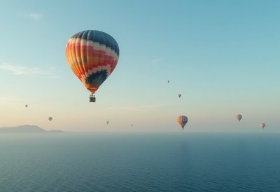 Balloons ascend over serene water at sunset in clear skies