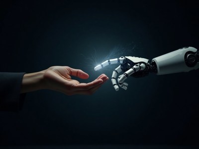 Human hand reaches towards robotic hand in connection