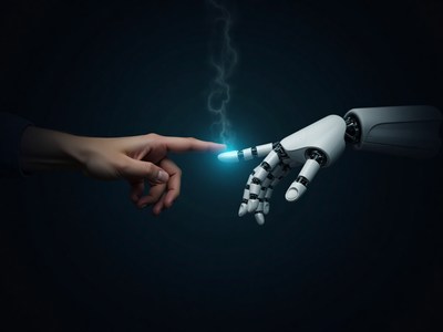 Human and robotic hands connect with sparks of energy