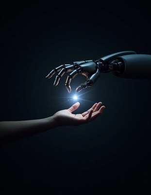 Human and robotic hands reaching out to connect