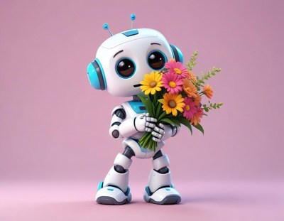 Robot holds colorful bouquet of flowers