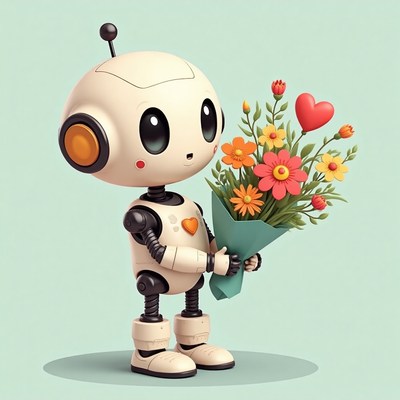 Robot with flowers and a happy face