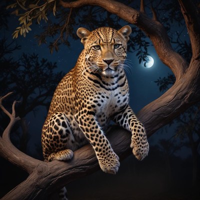 Leopard perched on a tree branch under moonlight